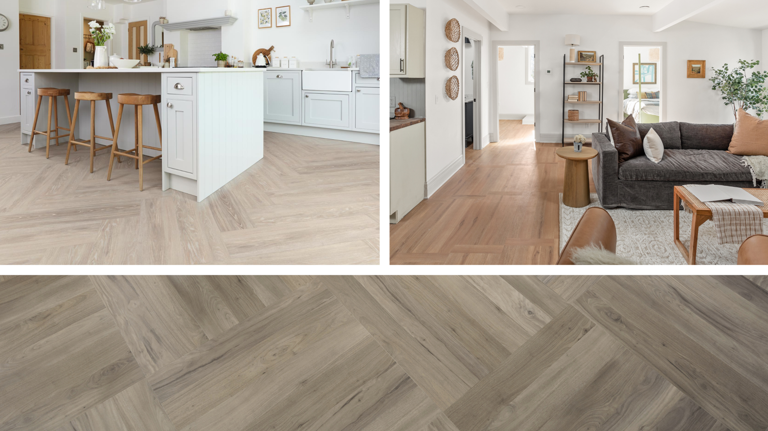Top Left: Kitchen with Ashland LLP95 in a herringbone pattern; Top Right: Mina's basket weave pattern in a living room; Bottom: Bleached Grey Walnut WP329 in a block pattern